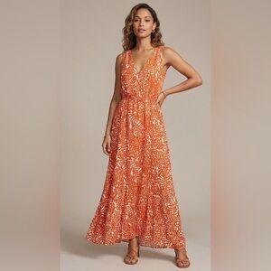 Sleeveless Orange Printed V-Neck Maxi Dress